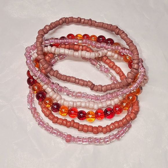 Handmade Jewelry - Elegant Pink and Red/Orange Beaded Bracelet Set